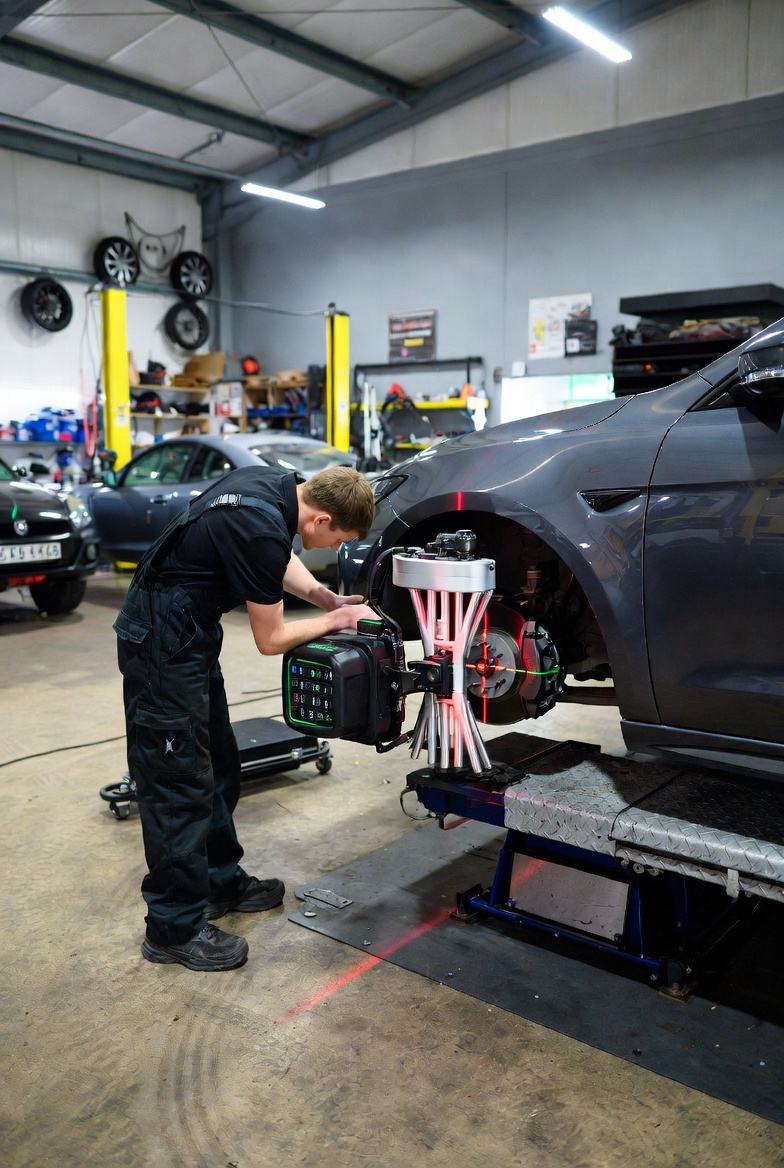 Mechanic performing pre-MOT tyre and safety checks